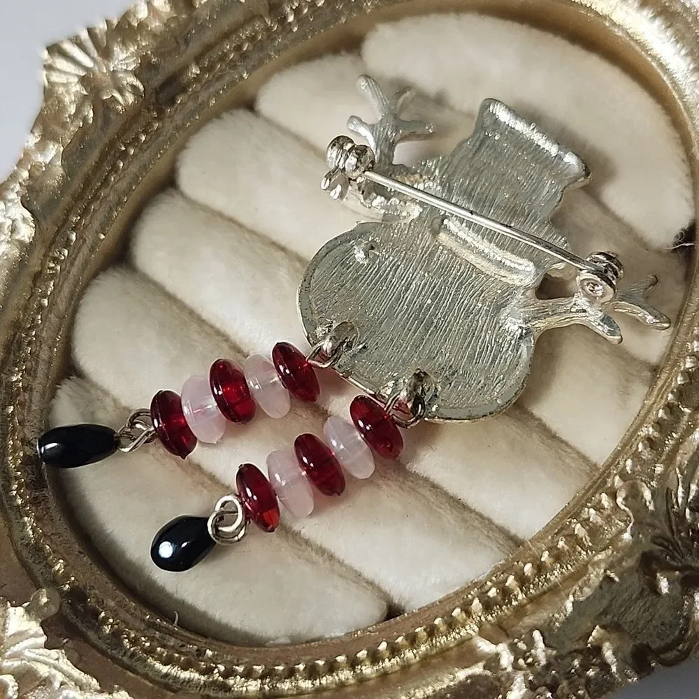 Vintage Christmas Snowman Enameled Brooch Dangle Beads Silver,Red ,White,Black,